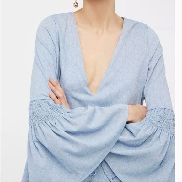 Free People Blue Chambray Bell Sleeve Mini Long Sleeve Dress Medium - Picture 3 of 11